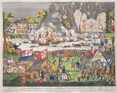 A View of the Naumachy, Fireworks and Fair in Hyde Park in Honor of Peace, utgitt av G. Thompson, 1814 av English School