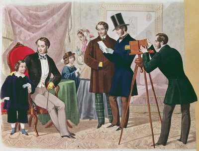 Et besøk hos fotografen, 1857 (fargegravering) av English School