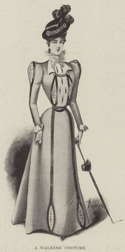 Et gåkostyme (litho) av English School