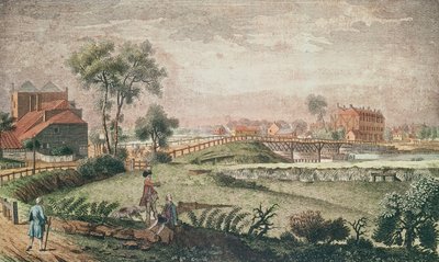 En vestlig utsikt over Chelsea Bridge, 1761 (fargegravering) av English School