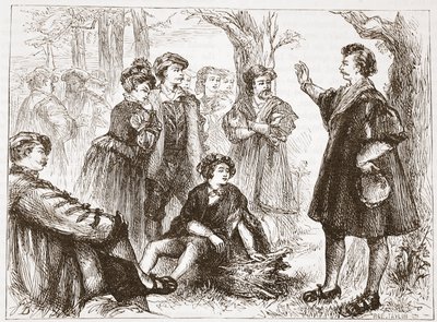 A Wittemberg Student Preaching in Lime-Tree Meadow, illustrasjon fra The History of Protestantism av James Aitken Wylie (1808-1890), pub. 1878 av English School