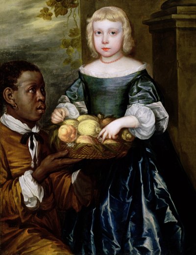 En ung jente som blir tilbudt en kurv med frukt av en tjener, ca. 1650 av English School