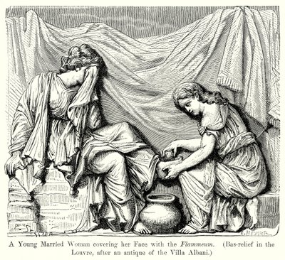 En ung gift kvinne som dekker ansiktet sitt med flammen. (Basrelieff i Louvre …) (gravering) av English School