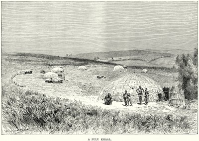 En Zulu Kraal (gravering) av English School