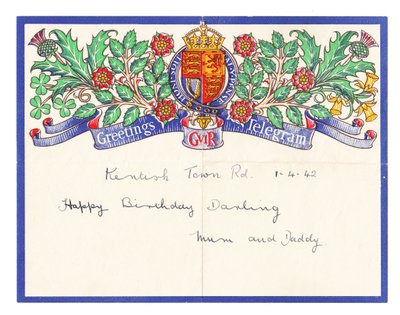 Et bursdagshilsenstelegram, ca. 1942 (farge litho) av English School
