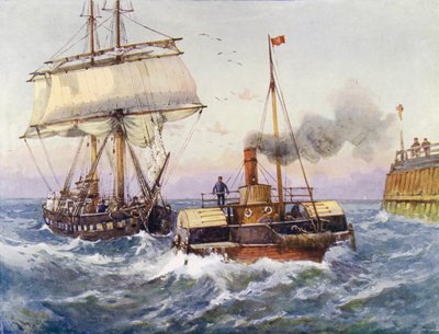 En brigg blir slept inn i havn (farge litho) av English School