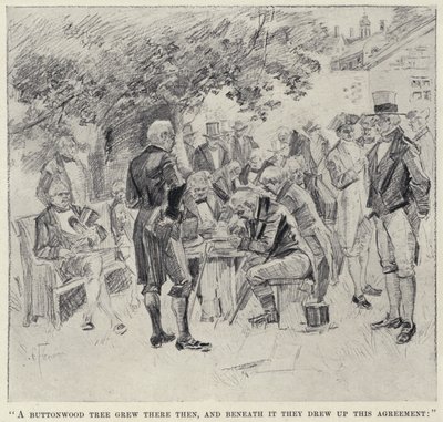 Det vokste et knappetre der da, og under det tegnet de denne avtalen" (litho) av English School