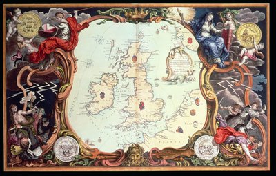 Et diagram som viser de flere handlingsstedene mellom den engelske og spanske flåten, med stedene hvor flere av de spanske skipene ble ødelagt da de kom tilbake til Spania, utgitt 1739, av John Pine (håndfarget gravering) av English School