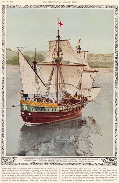 En minnehyllest til en av Storbritannias store sjømenn: modellen til Drakes Golden Hind, det første engelske skipet som seilte jorden rundt i 1577-80, fra The Illustrated London News Royal Naval og Mi av English School