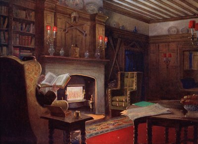 Et koselig hjørne i røykesalongen (farge litho) av English School