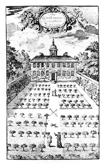 En hage på landet, fra The Gentlemens Recreation, av John Lawrence, utgitt 1716 av English School