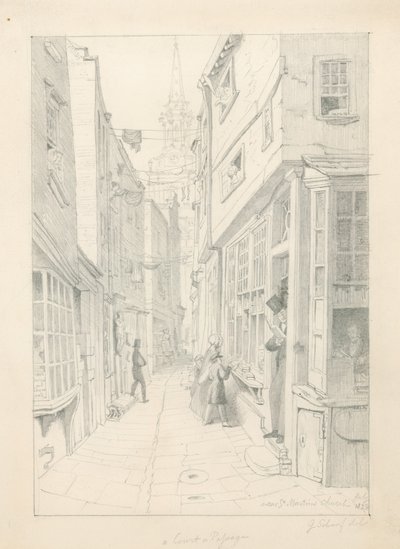 En domstol eller passasje nær St Martins Church, London, juli 1828 av English School