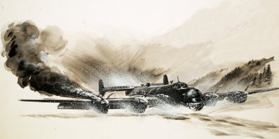 En forkrøplet Halifax-bombefly lander på isen av English School