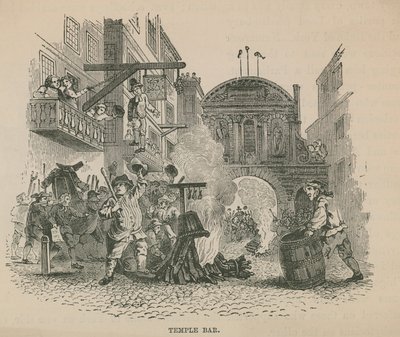 En folkemengde fyrer opp et bål foran Temple Bar av English School