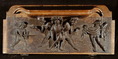 En skadet misericord som viser tre menn som kjemper med dolker og sverd, New College Chapel, Oxford, sent på 1300-tallet (tre) av English School
