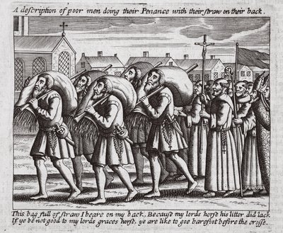 En beskrivelse av fattige menn som gjør bot med strået på ryggen, illustrasjon fra Acts and Monuments av John Foxe, niende utgave, pub. 1684 av English School