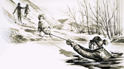 En hund redder en mann fra et iskaldt basseng av English School