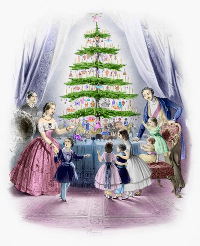 En familie som står rundt et juletre (farget gravering) av English School