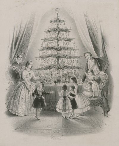 En familie som står rundt et juletre av English School