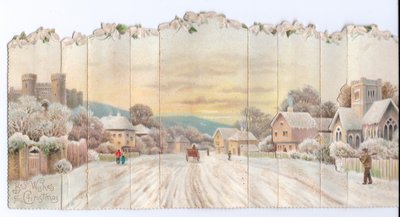 Et sammenleggbart viktoriansk julekort med konsertina av et slott og en kirke og en mann som bærer en spade i snøen, ca. 1880 av English School