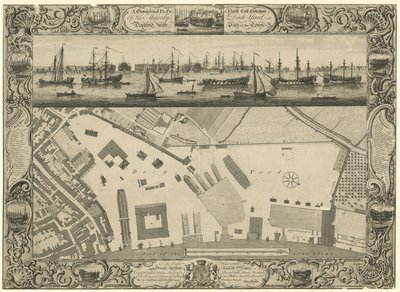 En geometrisk plan og nordøstlig høyde av His Majestys Dock Yard ved Deptford med en del av byen av English School