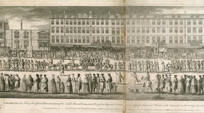 En geometrisk visning av den store prosesjonen til Scald Miserable Masons, Somerset House, London av English School