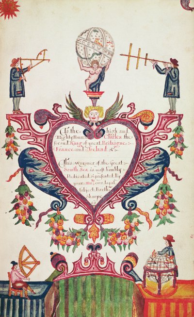 En gave dedikert til Charles II av Bartholomew Sharp, ca. 1681 (penn, blekk og wc) av English School