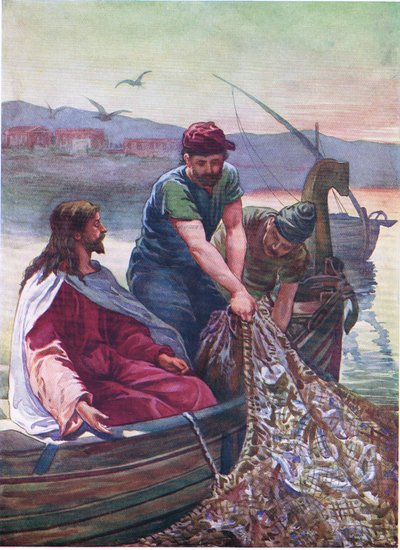 Et stort fiskefangst, fra Bibelbildeboken utgitt av Thomas Nelson, ca. 1950 (fargelitografi) av English School