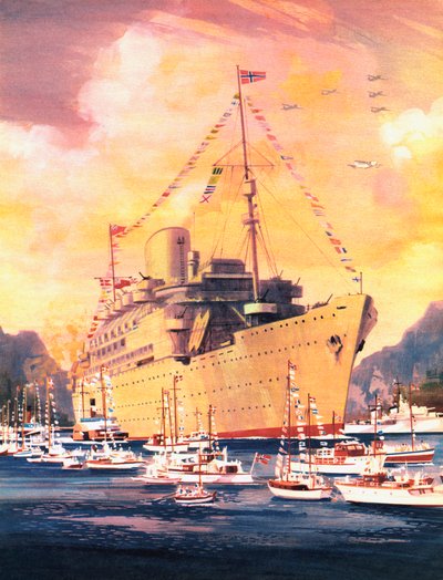 Et stort øyeblikk i Royal Mail Lines historie, Andesfjellene ankommer Oslo i 1945 (farge litho) av English School