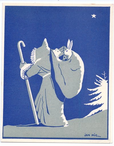 Et håndkolorert fransk Pochoir-julekort av julenissen i silhuett, gående med en pinne og bærende en sekk med en kanin og bjørn i, ca. 1920 (sjablong) av English School