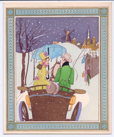 Et håndfarget fransk Pochoir-julekort av et Rencecy-par i en åpen vogn som kjører gjennom snøen, ca. 1920 av English School