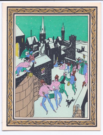 Et håndfarget fransk Pochoir-julekort av en parade av musikere som opptrer i vollene til et slott, rundt 1920 av English School
