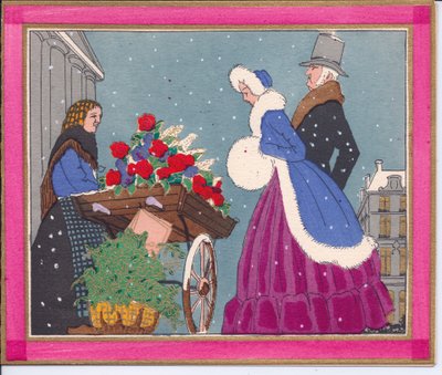 Et håndfarget fransk Pochoir-julekort av en viktoriansk blomsterselger, som viser hennes bøyle av roser til forbipasserende, rundt 1920 av English School