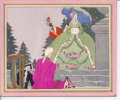 Et håndfarget fransk Pochoir-julekort av en prydet mann som stiger av en sedanstol og blir møtt av en dame i en hermelinpelsfôret frakk med sin svarte tjener, ca. 1920 av English School