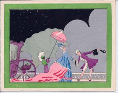Et håndkolorert fransk Pochoir-julekort av en hoffmann som bukker for en storslått dame ledsaget av sin svarte tjener som holder en paraply for å beskytte henne mot snøen, cirka 1920 (sjablong) av English School