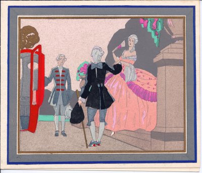Et håndfarget fransk Pochoir-julekort av en stordame som er i ferd med å gå inn i vognen sin, hvis dør holdes åpen av en fotgjenger, ca. 1920 av English School
