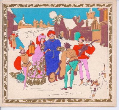 Et håndfarget fransk Pochoir-julekort av et par elisabethanske gatespillere som underholder en herre og dame, mens siden deres har en lykt, ca. 1920 av English School