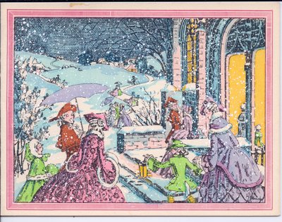 Et håndfarget fransk Pochoir-julekort med festgjengere som ankommer snøen til et herskapshus, rundt 1920 av English School