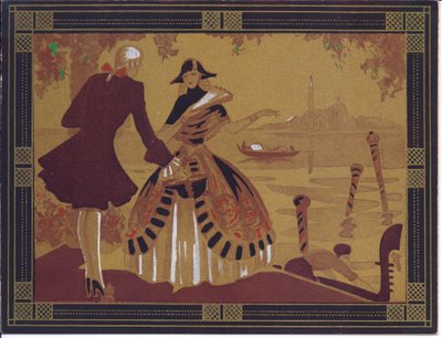Et håndfarget fransk Pochoir gratulasjonskort fra en venetiansk scene, rundt 1920 av English School