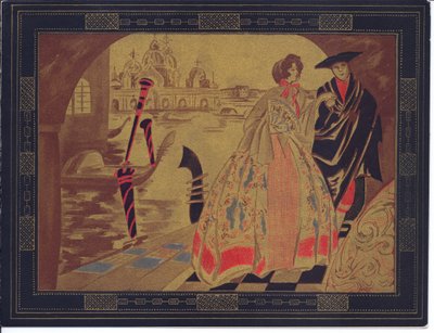 Et håndfarget fransk Pochoir gratulasjonskort fra en venetiansk scene, rundt 1920 av English School
