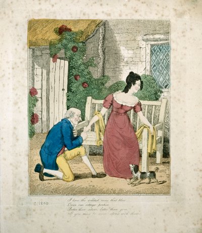 En håndfarget litografisk scene av en mann som frier, ca. 1800 av English School