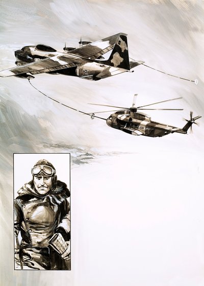 Et helikopter fylte drivstoff under flyturen (gouache på papir) av English School