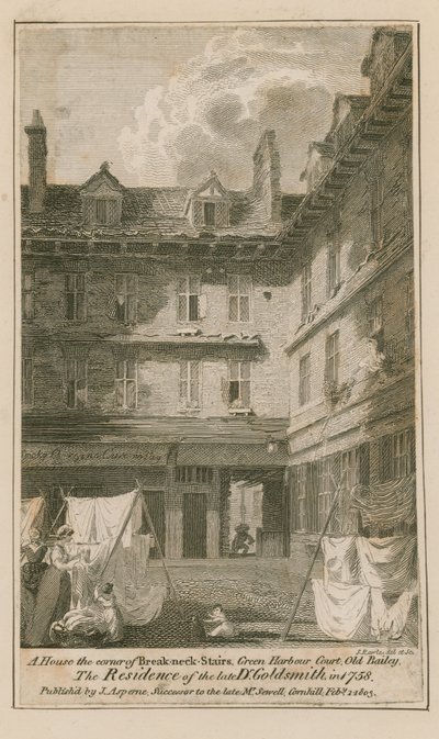Et hus på hjørnet av Breakneck Stairs, Green Harbour Court, Old Bailey, London av English School