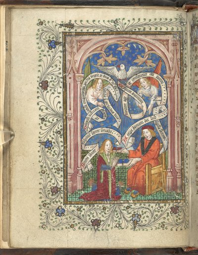 En knelende elev, kanskje som representerer forfatteren, Norton, mottar en bok fra sin herre, med engler, skrevne ruller og en due over. Ordinal av alkymi. Thomas Norton 4. kvartal av 1400-tallet av English School