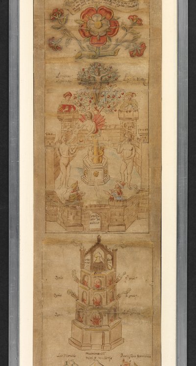 En stor rød og hvit rose, med fire andre mindre roser i profil.- de øvre grenene på et epletre, hvorfra det er hengt opp en Kristus-lignende figur (merker på hver side, 