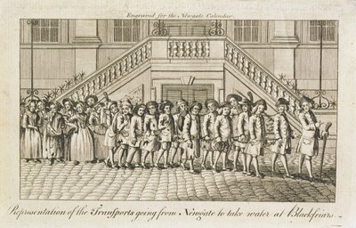 En rekke lenkede straffedømte fra Newgate Prison, Old Bailey, blir ført til Blackfriars for transport, ca. 1760 av English School