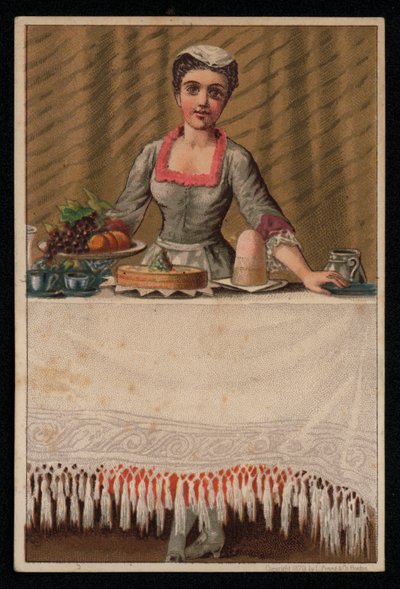 En hushjelp eller tjenestejente som dekker et bord med mat, gratulasjonskort. (chromolitho) av English School