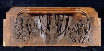 En misericord som skildrer en befestet by med en port med en hevet portcullis, New College Chapel, Oxford, sent på 1300-tallet (tre) av English School