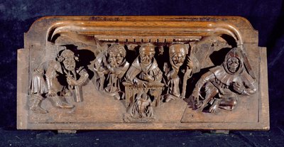 En misericord som skildrer en akademiker som sitter ved en panelpult og leverer en formaning til en knelende angrende, New College Chapel, Oxford, sent på 1300-tallet (tre) av English School