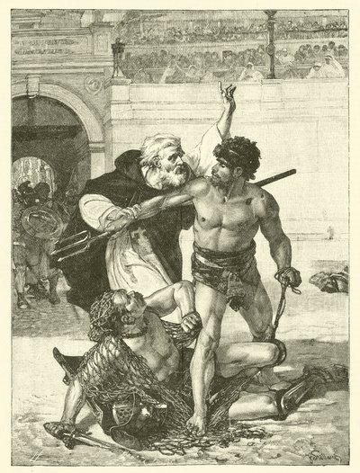 En munk, Telemachos, som prøver å stoppe gladiatorlekene i Colosseum, Roma (gravering) av English School